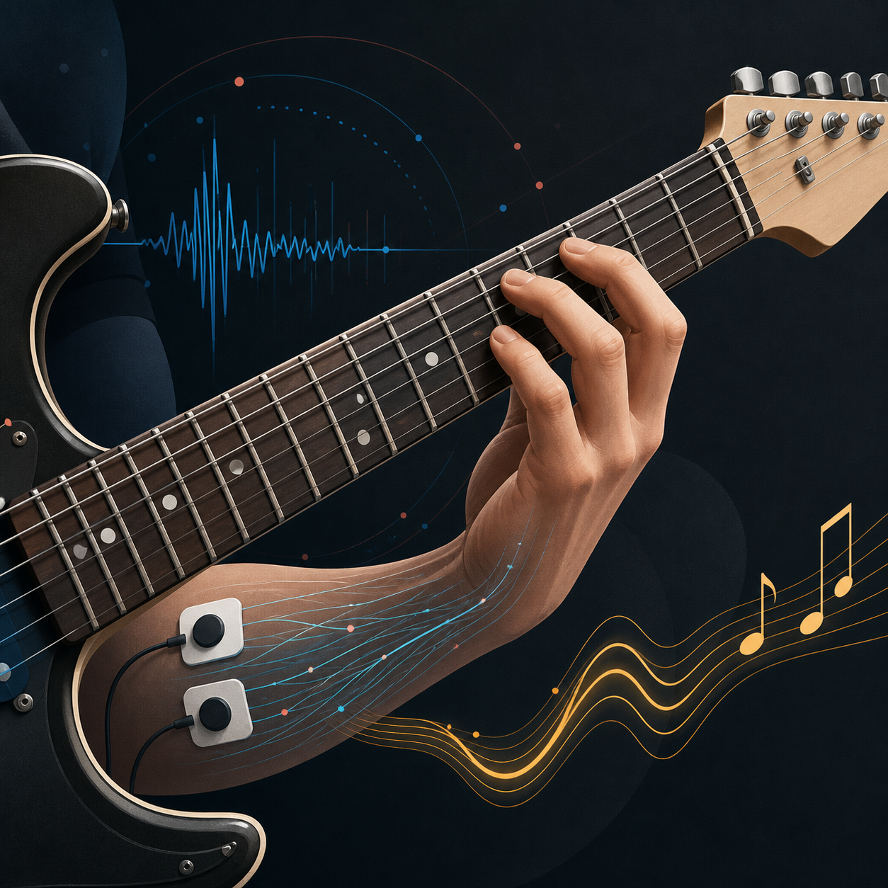 Teaser for EMGuitar: Assisting Guitar Playing with Electromyography